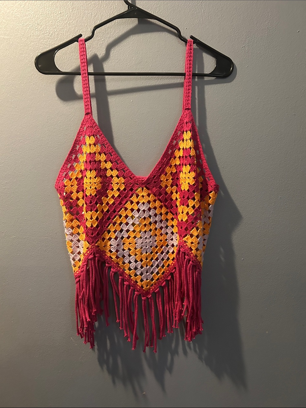 Handmade Pink & Yellow Crochet Fringe Tank Top